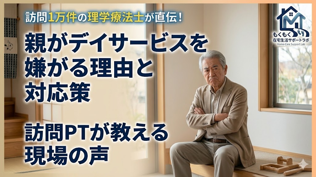 デイサービスを嫌がる親と困る家族のイラスト