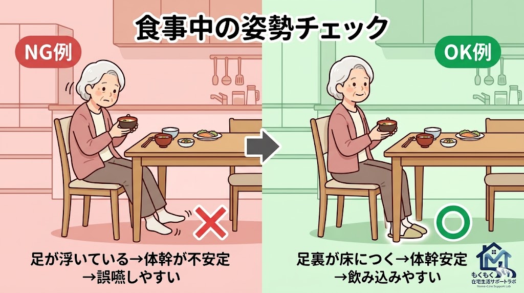 食事中の姿勢比較:足の裏が床についているOK例と足が浮いているNG例のイラスト