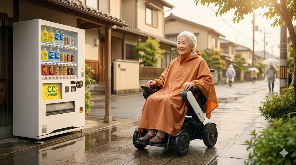 WHILL Model C2に乗って自動販売機へ外出する高齢者