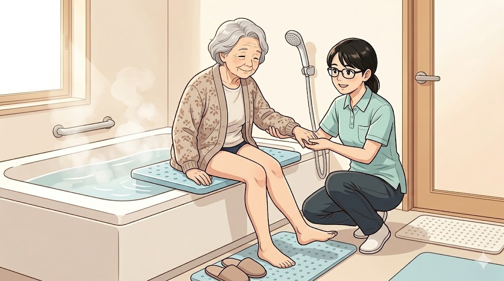 浴槽をまたぐ際の片足立ち動作。高齢者が最もバランスを崩しやすい瞬間