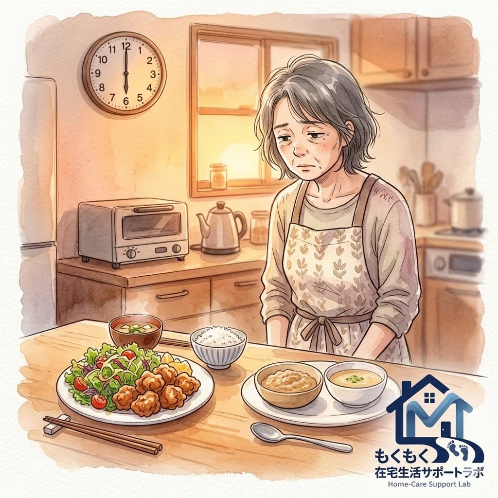 疲れた介護家族が2種類のメニューを同時に調理しているイラスト