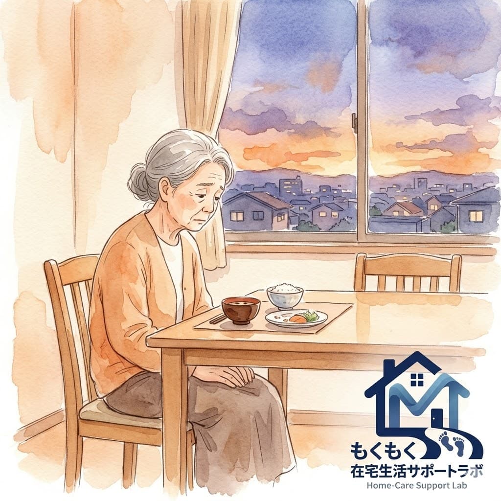 一人でダイニングに座る高齢女性のイラスト|食事が疎かになる高齢者のイメージ