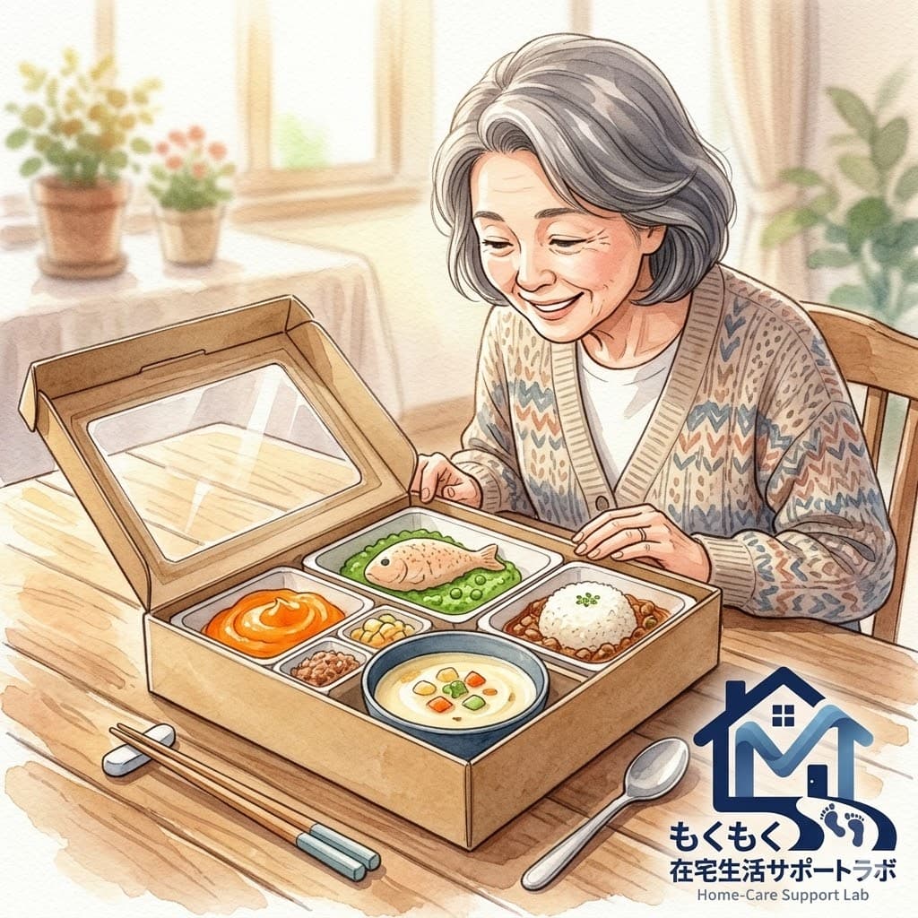 宅配嚥下食弁当を受け取り笑顔になる高齢者家族のイラスト