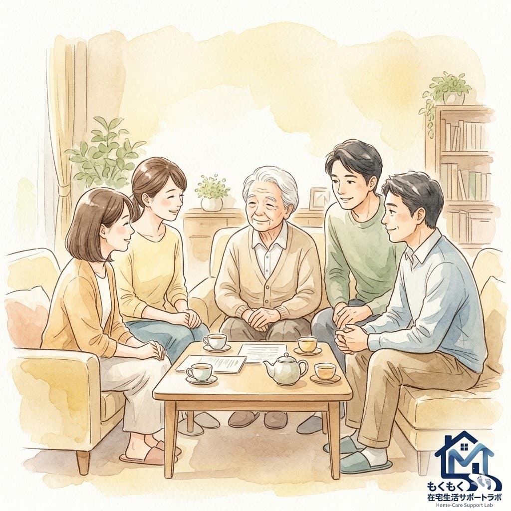 家族が集まって介護の役割分担を話し合うイラスト