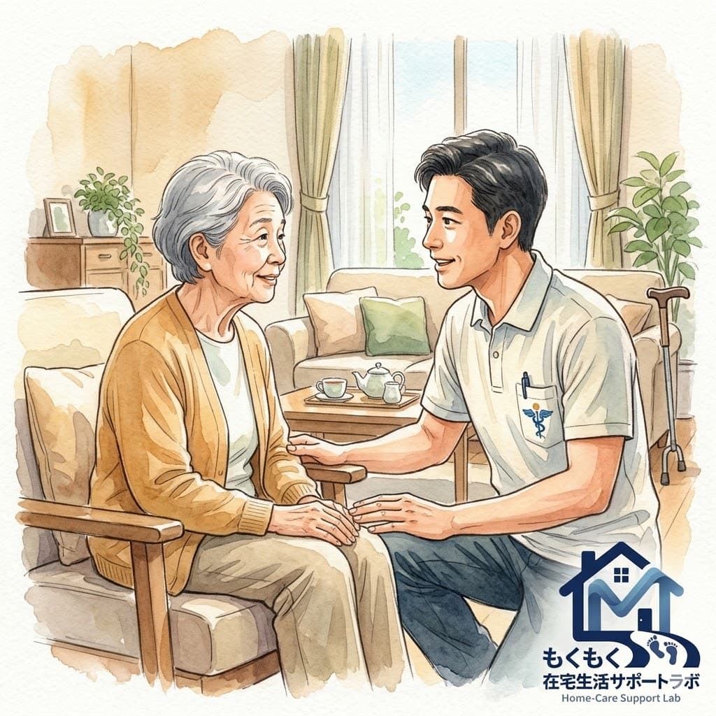 自宅で訪問リハビリ中に高齢女性と話す理学療法士の透明水彩イラスト|現場の声セクション