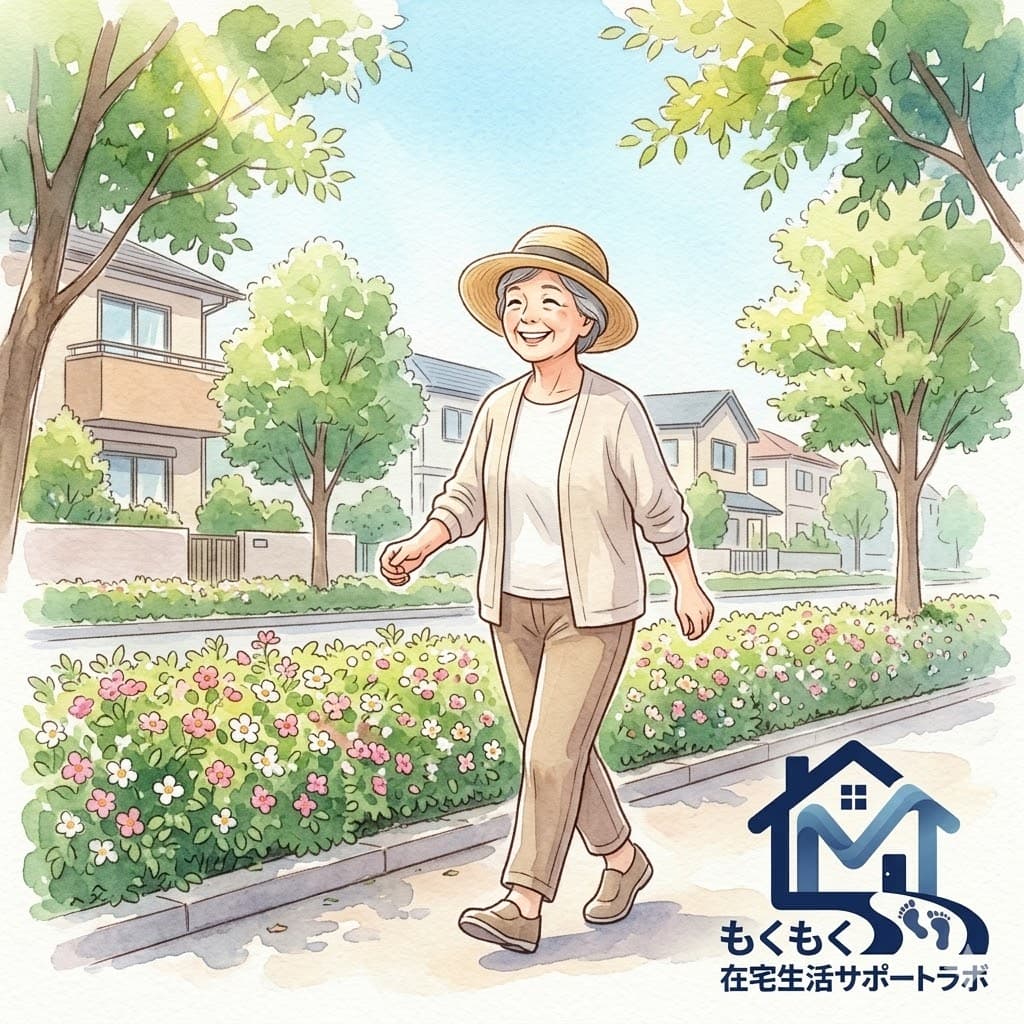 晴れた朝に住宅街を散歩する元気な高齢女性のイラスト