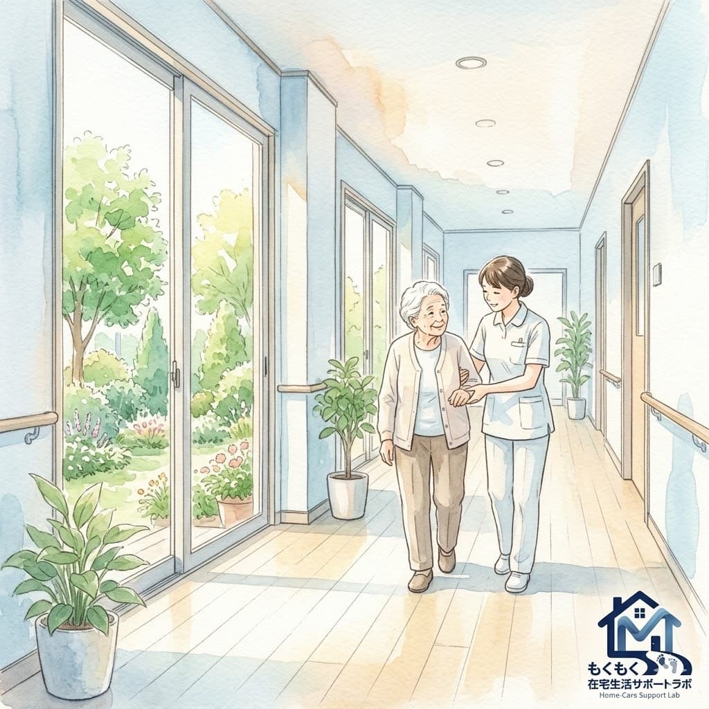 介護施設の廊下をスタッフと歩く高齢者のイラスト
