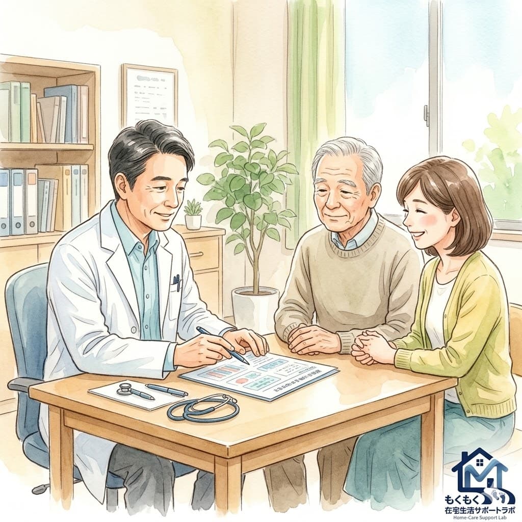 医師が高齢患者と家族に丁寧に説明している診察室のイラスト