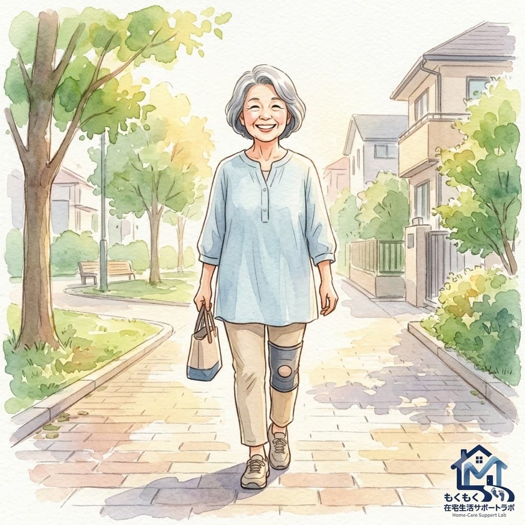 変形性膝関節症の膝にサポーターを装着している様子