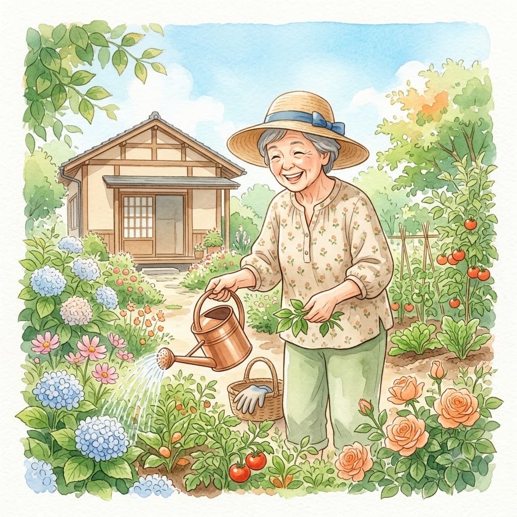 夏の庭で庭仕事を楽しむ、元気だったころの高齢の女性
