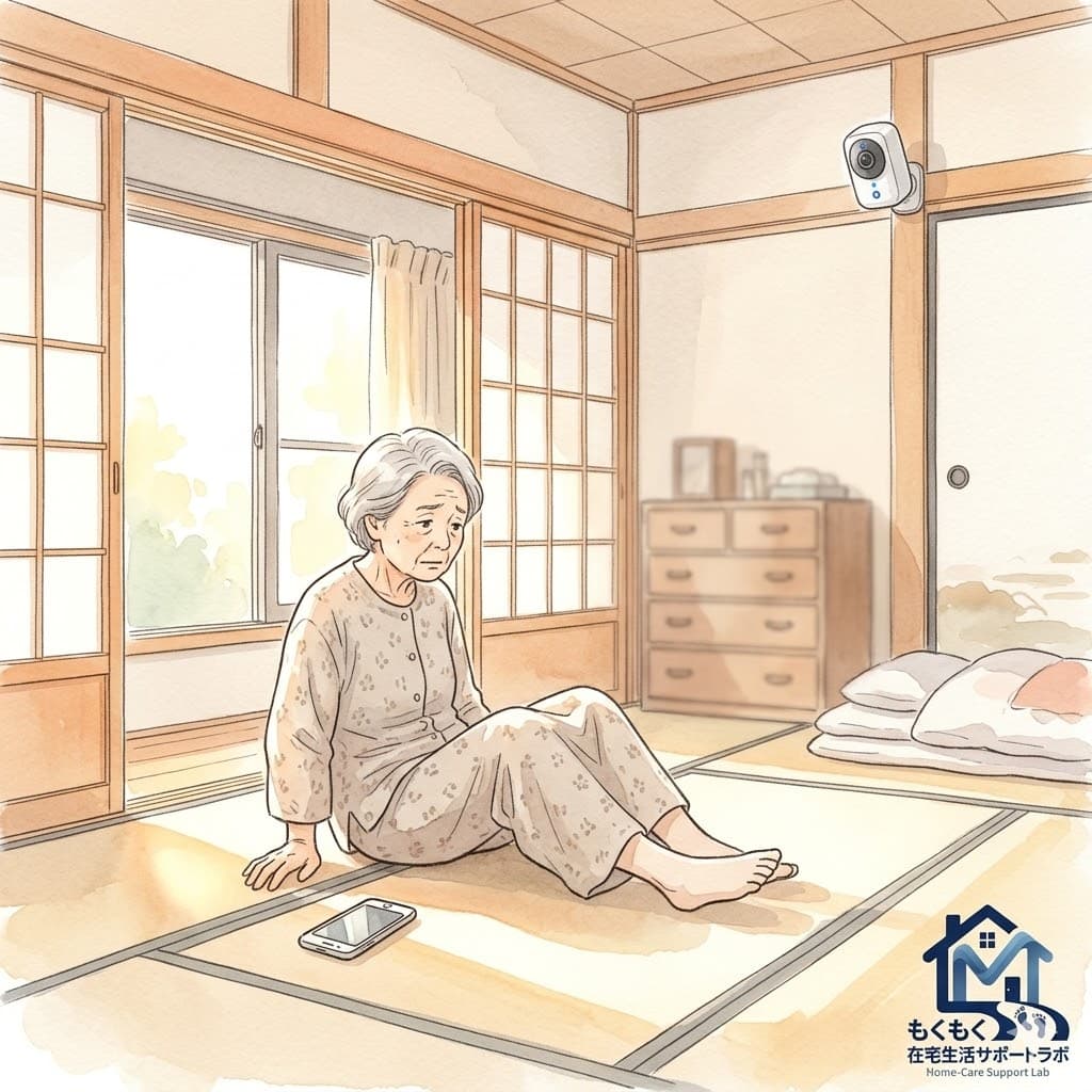 自宅居室で転倒し起き上がれない一人暮らしの高齢女性のイラスト