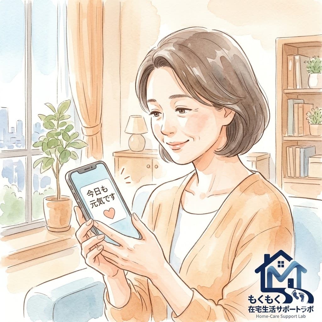 遠方に住む娘がスマートフォンで親の安否通知を確認するイラスト