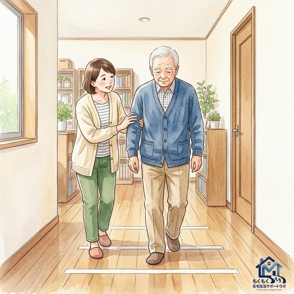 すくみ足で足が止まってしまった高齢者と声かけする家族のイラスト