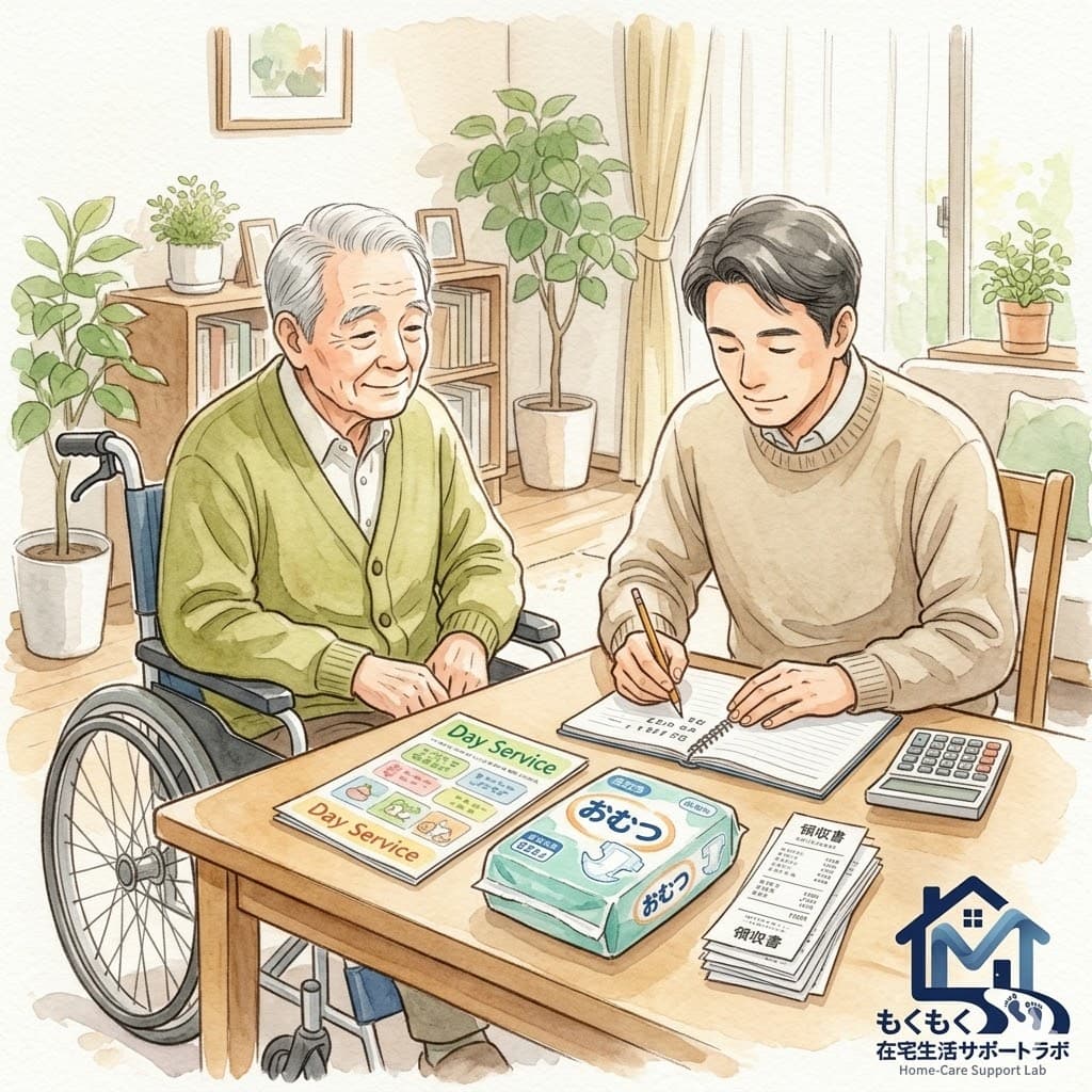 自宅で介護費用を計算している家族のイラスト