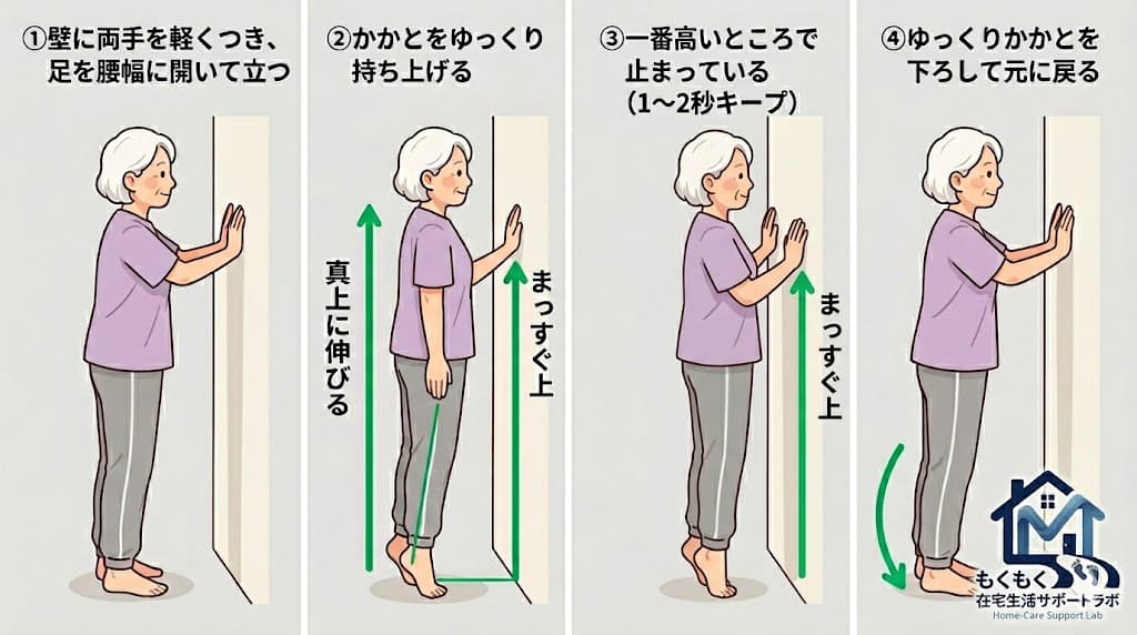 カーフレイズ(かかと上げ運動)を壁に手をつきながら行う高齢女性のイラスト