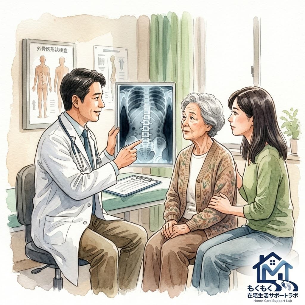 骨粗鬆症の治療と骨密度検査のイメージ 次の骨折を防ぐイラスト