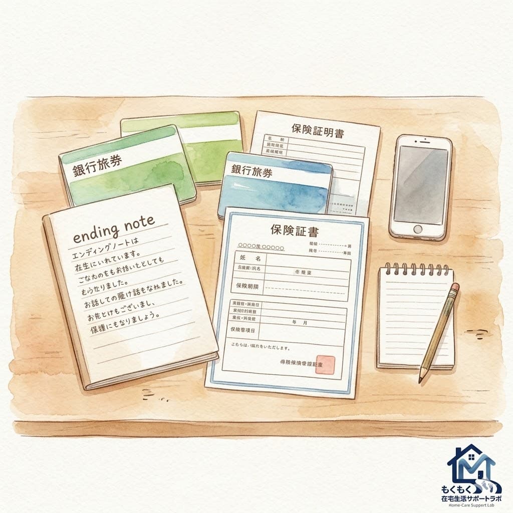 机の上にエンディングノート・通帳・保険証書が整理されているイラスト