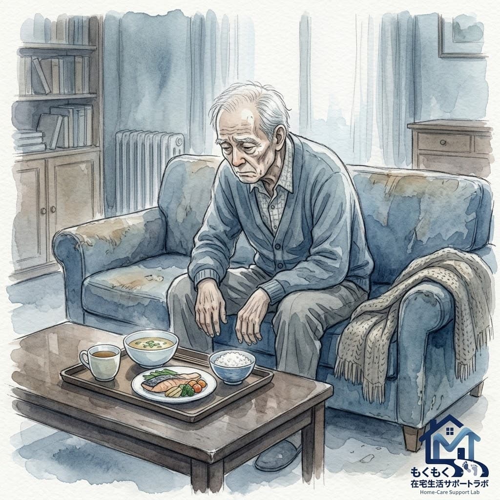 一人でソファに座り元気がない高齢男性のイラスト