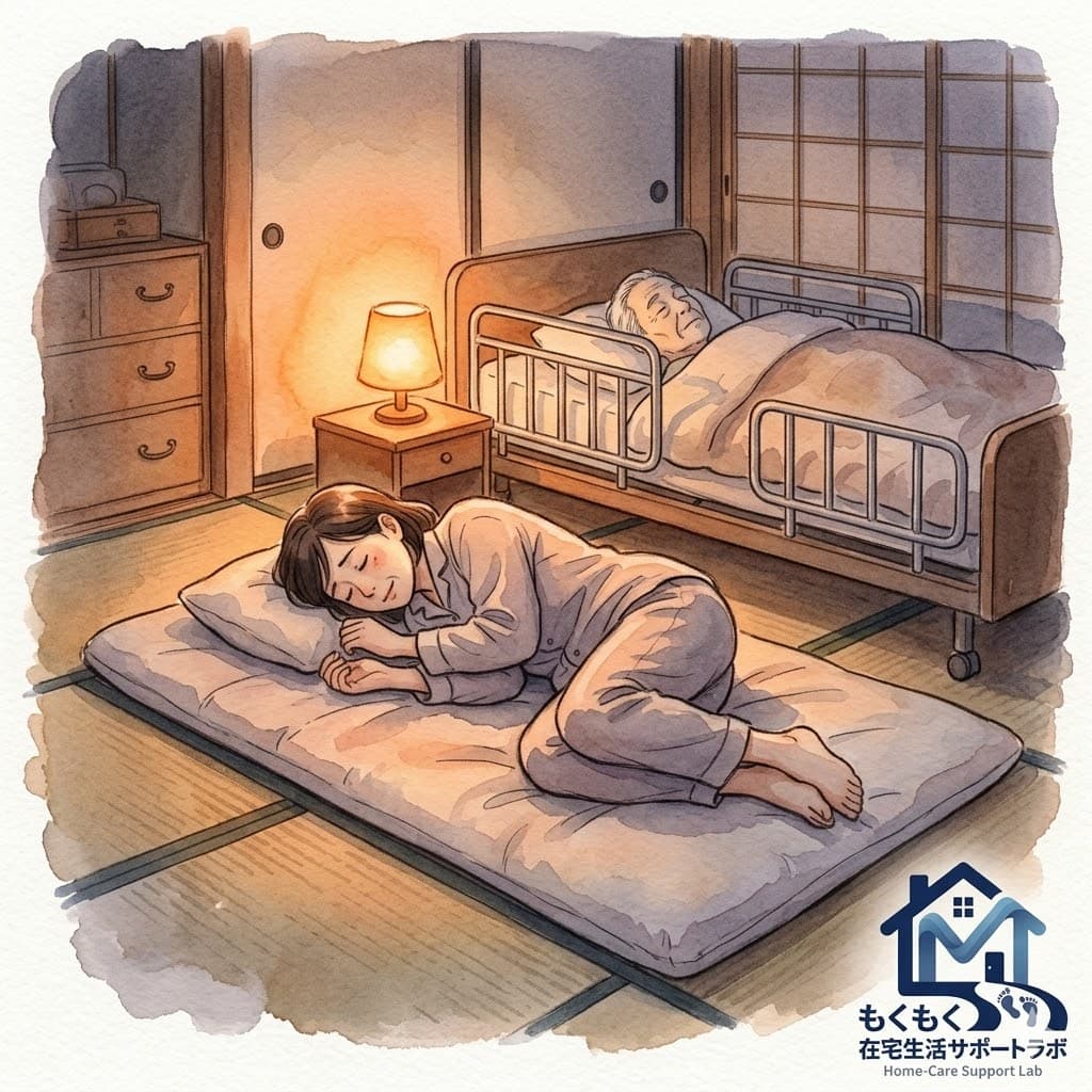 ベッド横のフローリングに薄い布団を敷いて横になる介護家族のイラスト