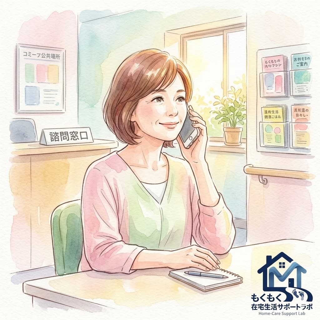 地域包括支援センターに電話相談する女性のイラスト