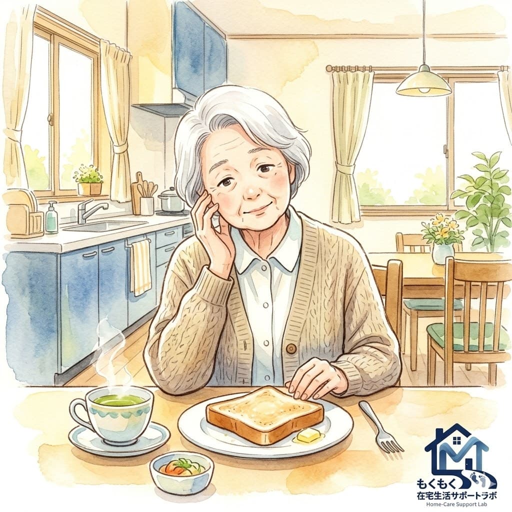 朝食を前に首を傾げる高齢女性のイラスト・もの忘れと認知症の記憶障害の違い