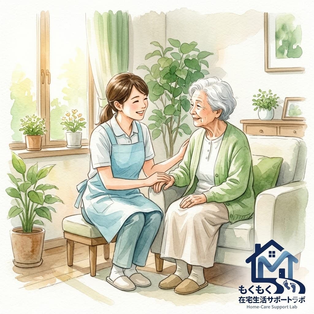 朝に高齢者宅を訪問する介護スタッフのイラスト