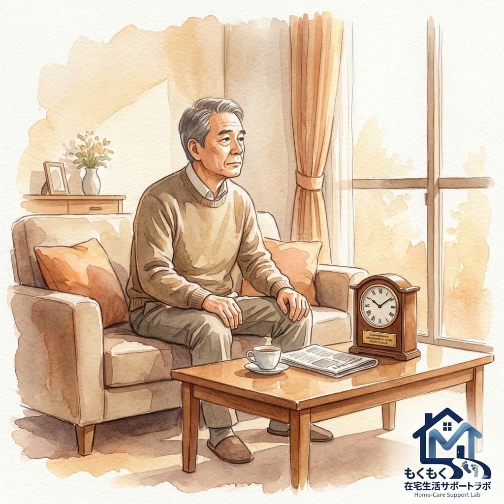 ソファに一人座り窓の外を見つめる定年後の男性のイラスト