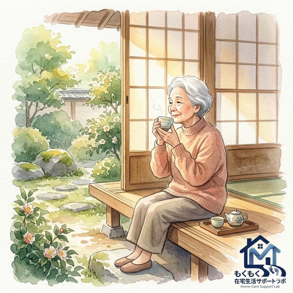 縁側でお茶を飲みながら窓の外を眺める高齢者(生活の質・QOLのイメージ)
