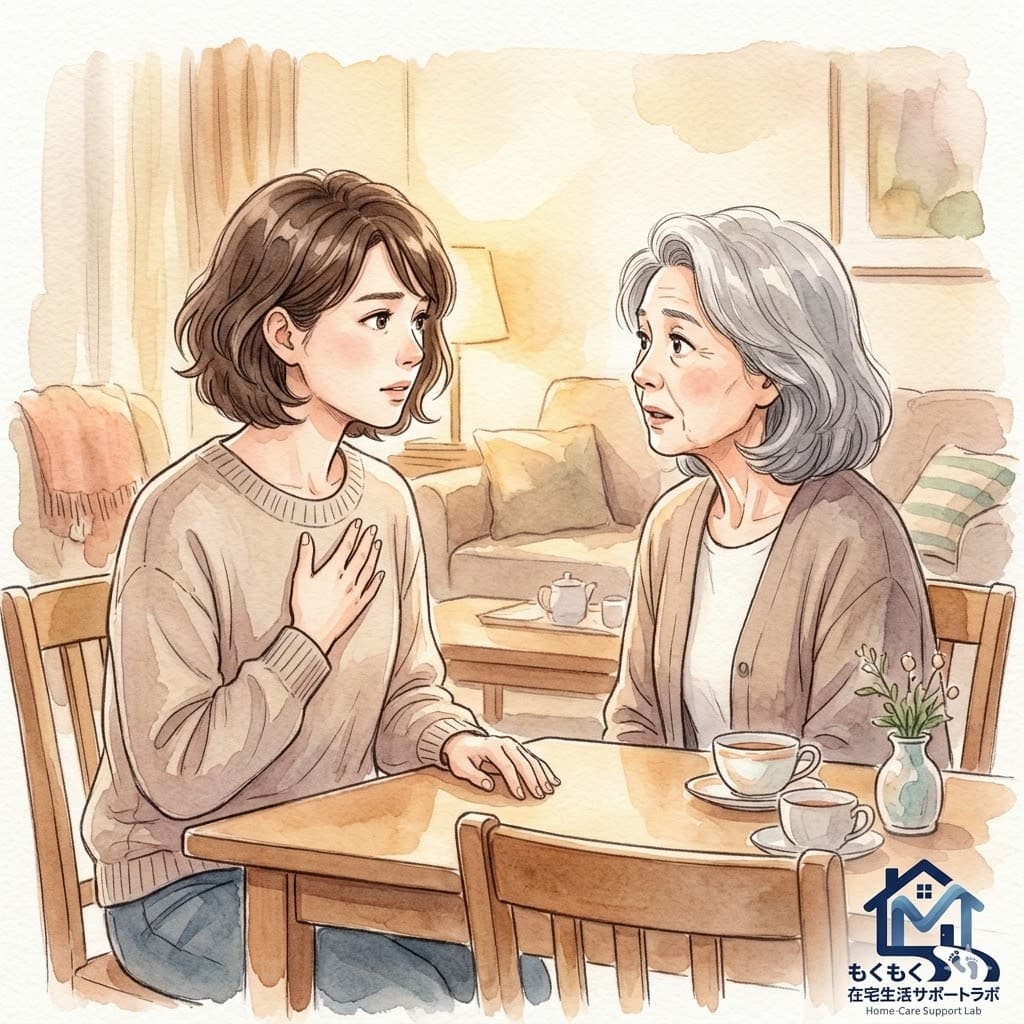 40代の娘が高齢の母親と向き合い、テーブル越しに本音を伝えようとしている場面のイラスト