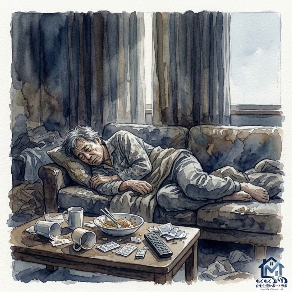 昼間に横になりぼんやりしている男性のイラスト