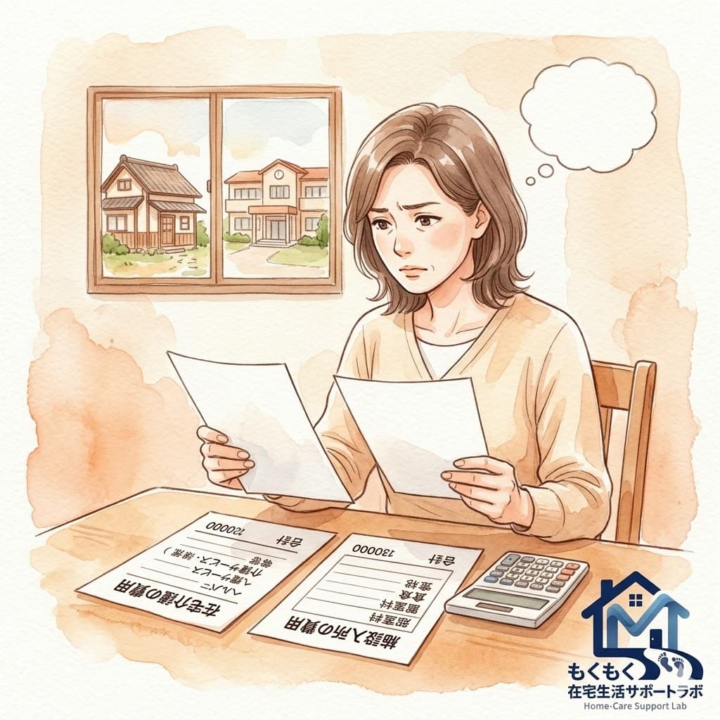 在宅介護と施設入所の費用を比較検討している家族のイラスト