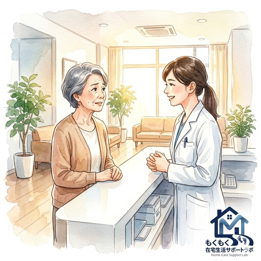 妻が医療窓口でスタッフに相談しているイラスト