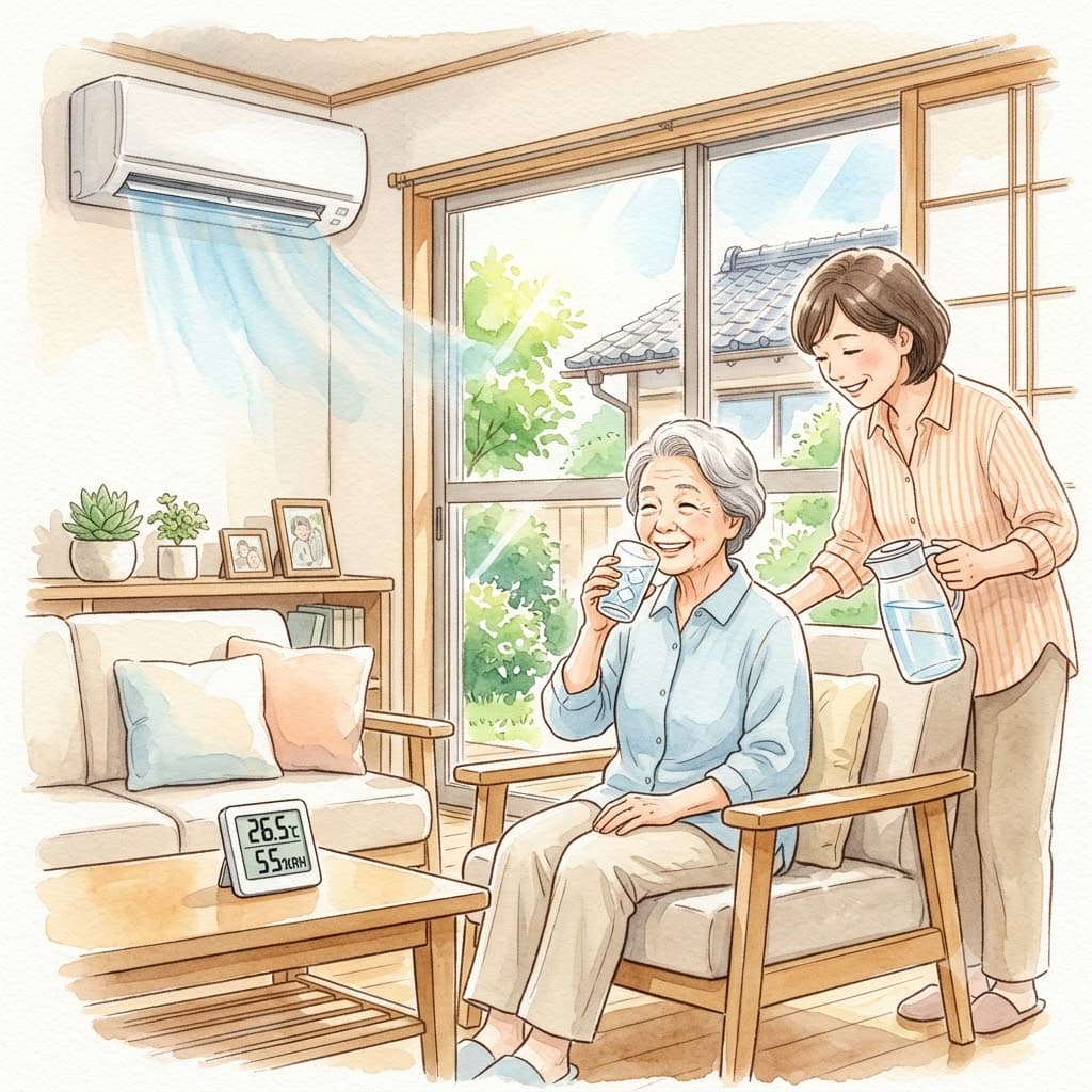 涼しい室内で水分補給をする高齢の女性と見守る家族