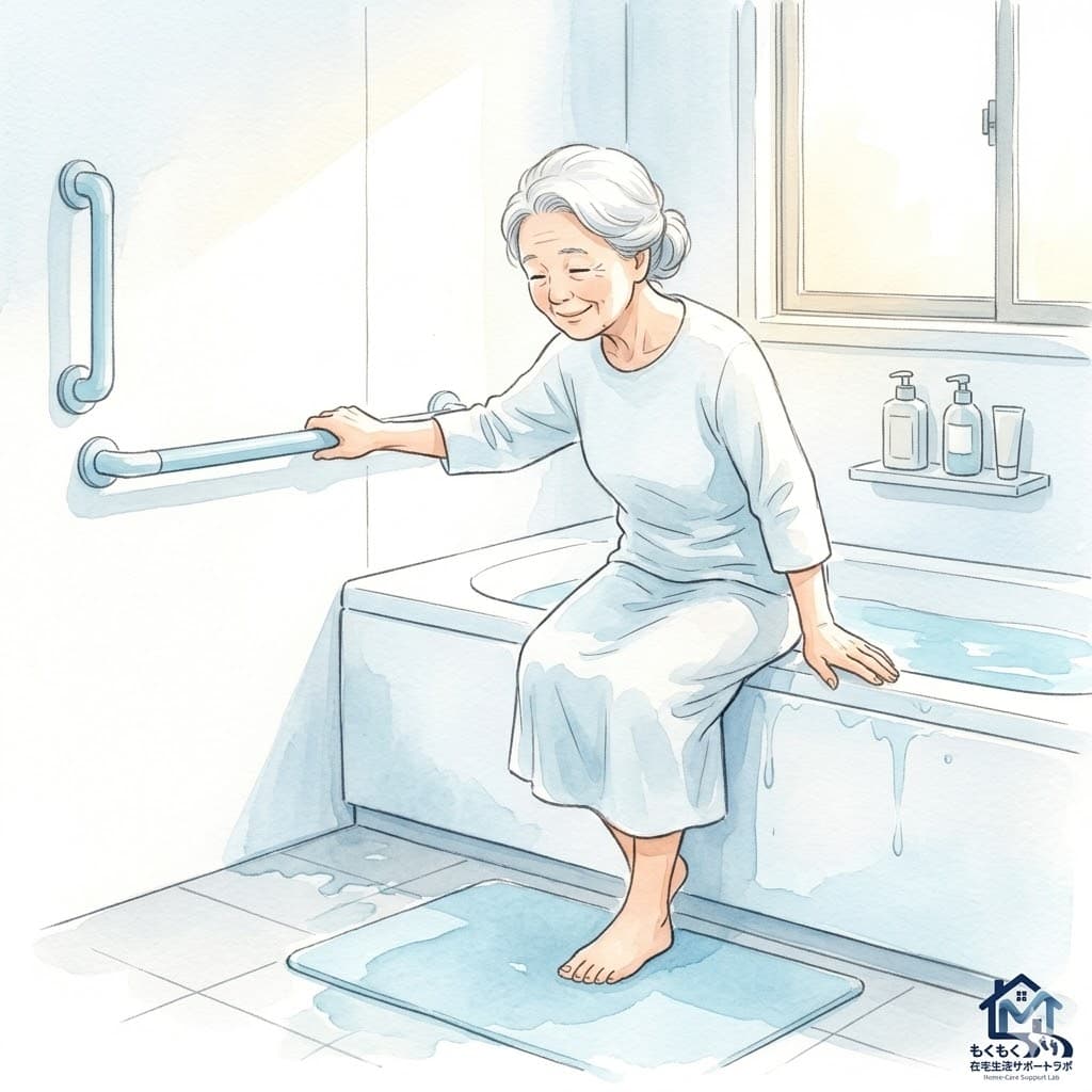 介護リフォーム後の浴室で高齢女性が手すりを握りながら入浴するイラスト｜在宅生活サポートラボ