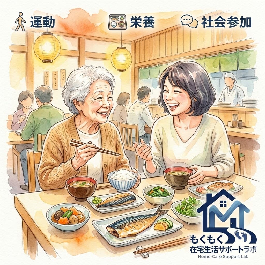 高齢の母と娘が一緒に外食を楽しむイラスト:フレイル予防の3本柱