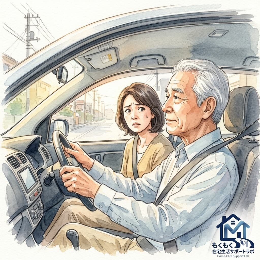 高齢者が助手席の家族に心配されながら運転しているイラスト|在宅生活サポートラボ