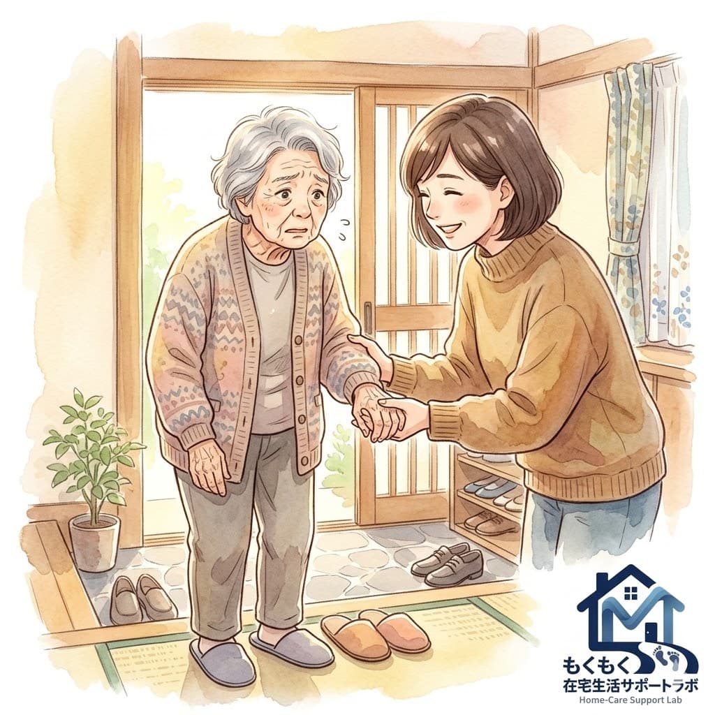 認知症の高齢女性と娘が玄関で手をつなぎ、一緒に外出しようとしている場面のイラスト