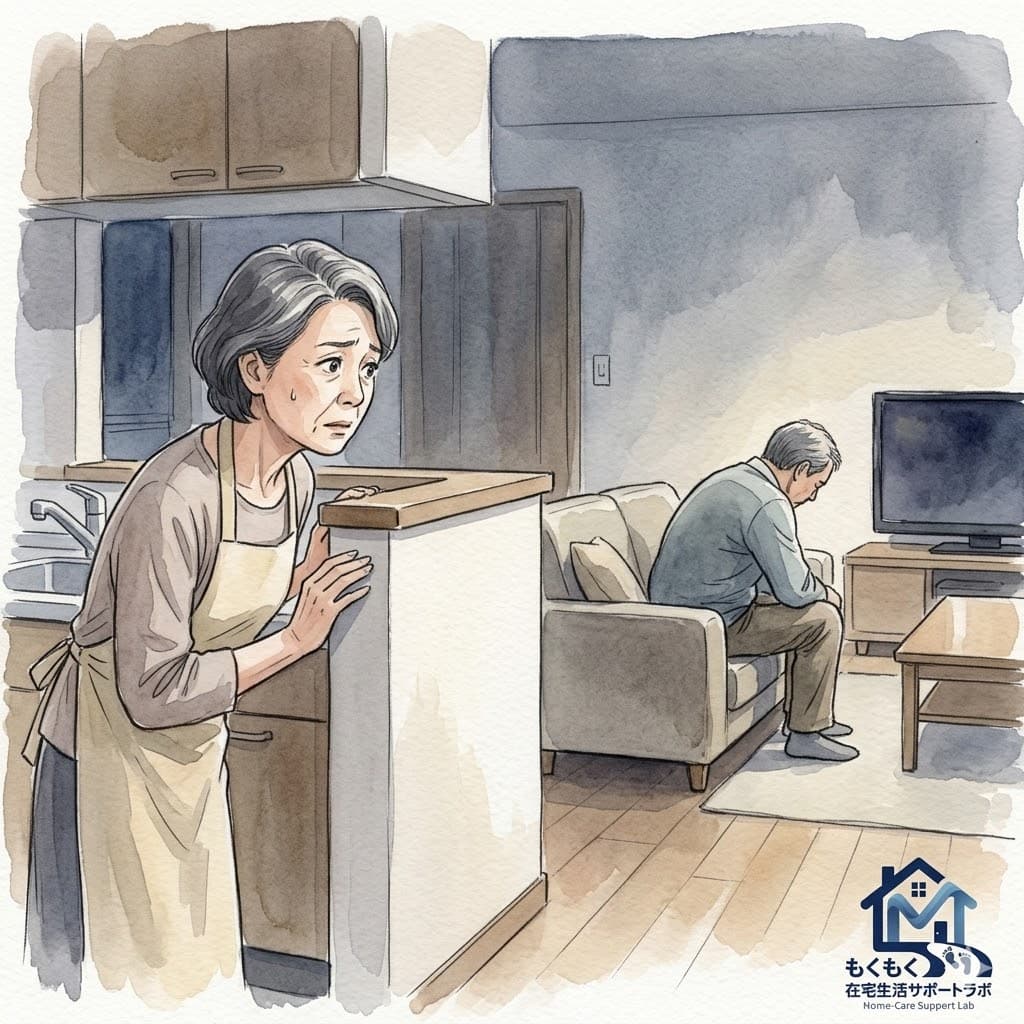 夫の様子を心配そうにそっと見ている妻のイラスト