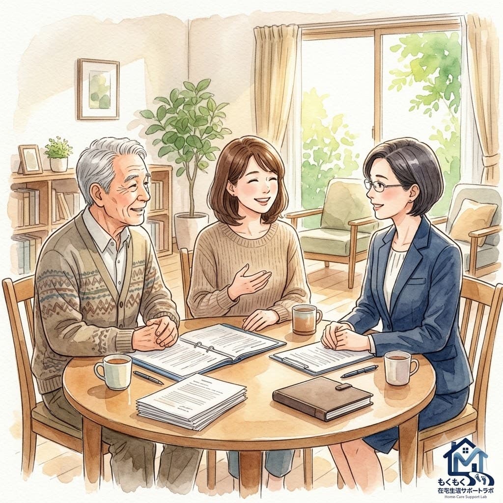 ケアマネジャーと在宅介護の家族が話し合うイラスト