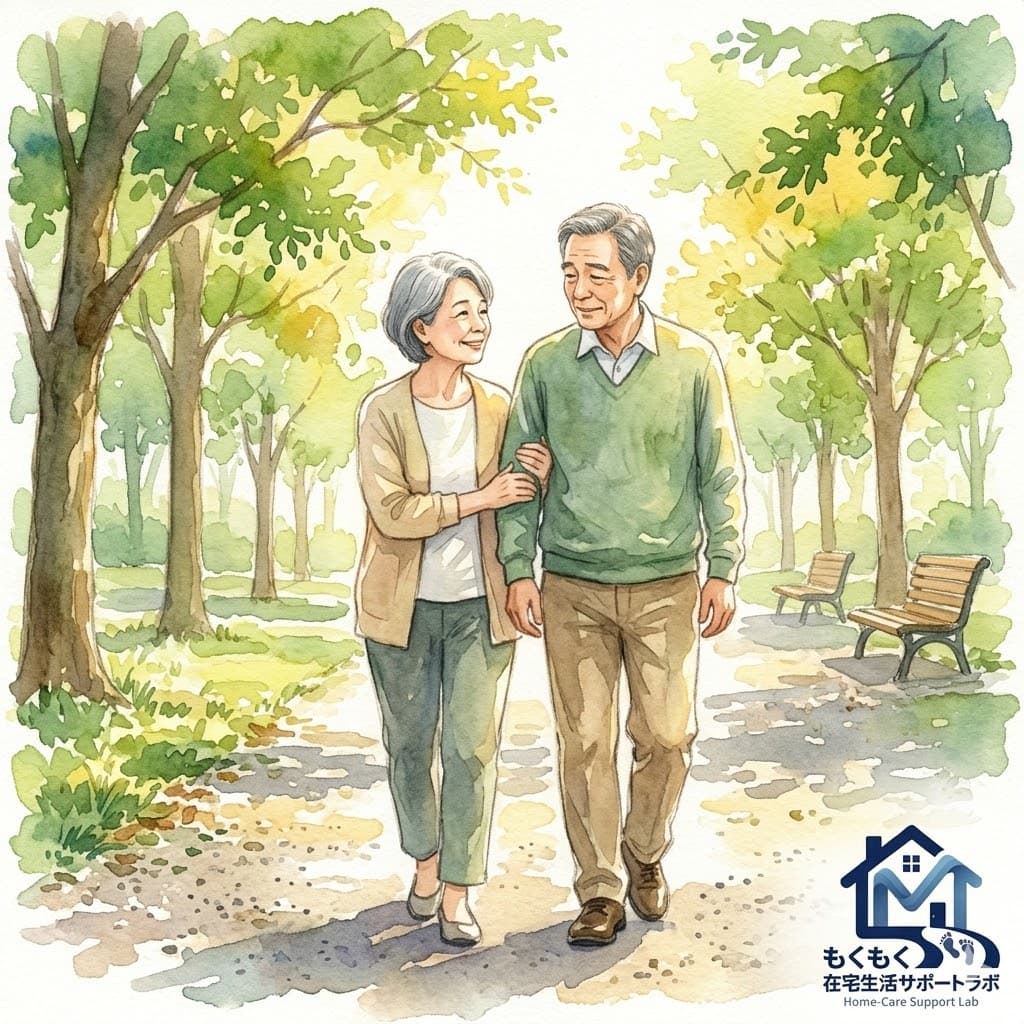 夫婦が公園を並んで散歩しているイラスト