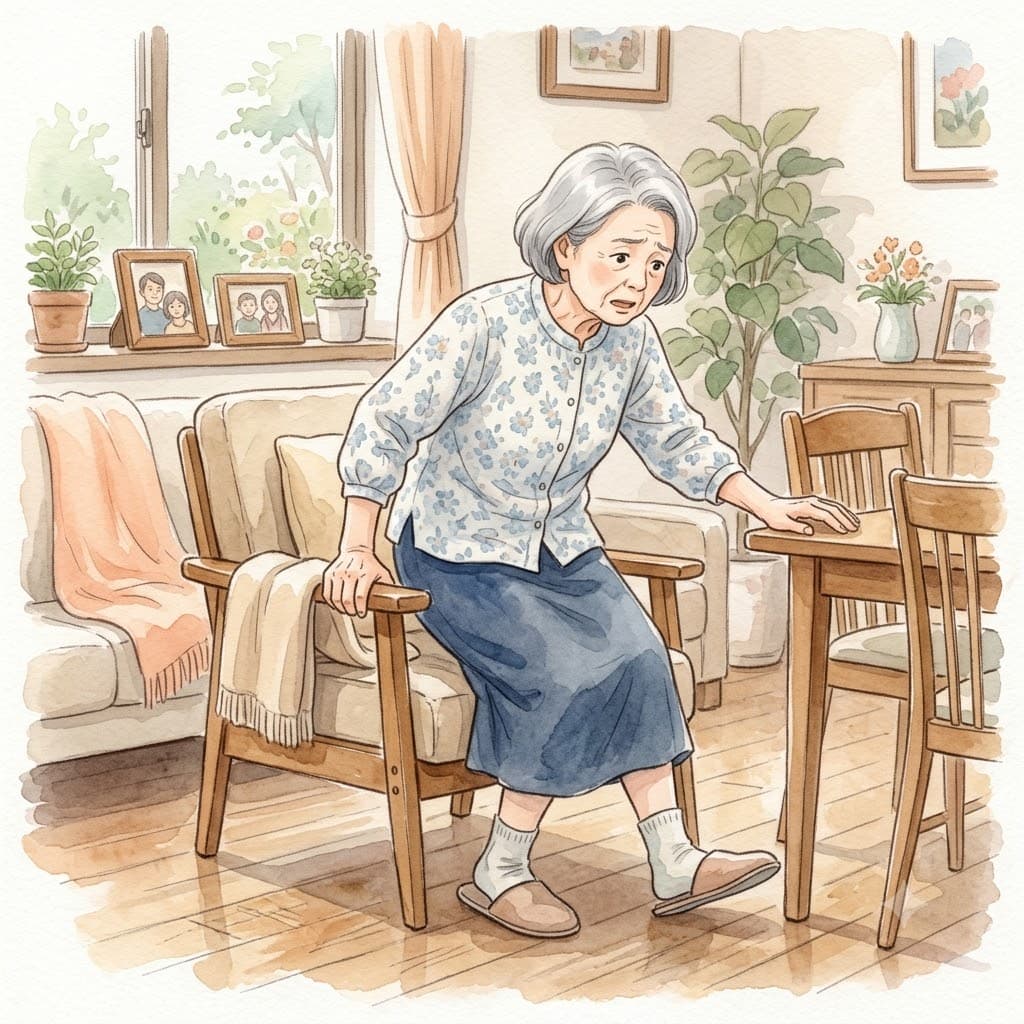 退院後に足腰が弱り、立ち上がる際にふらつく高齢の女性