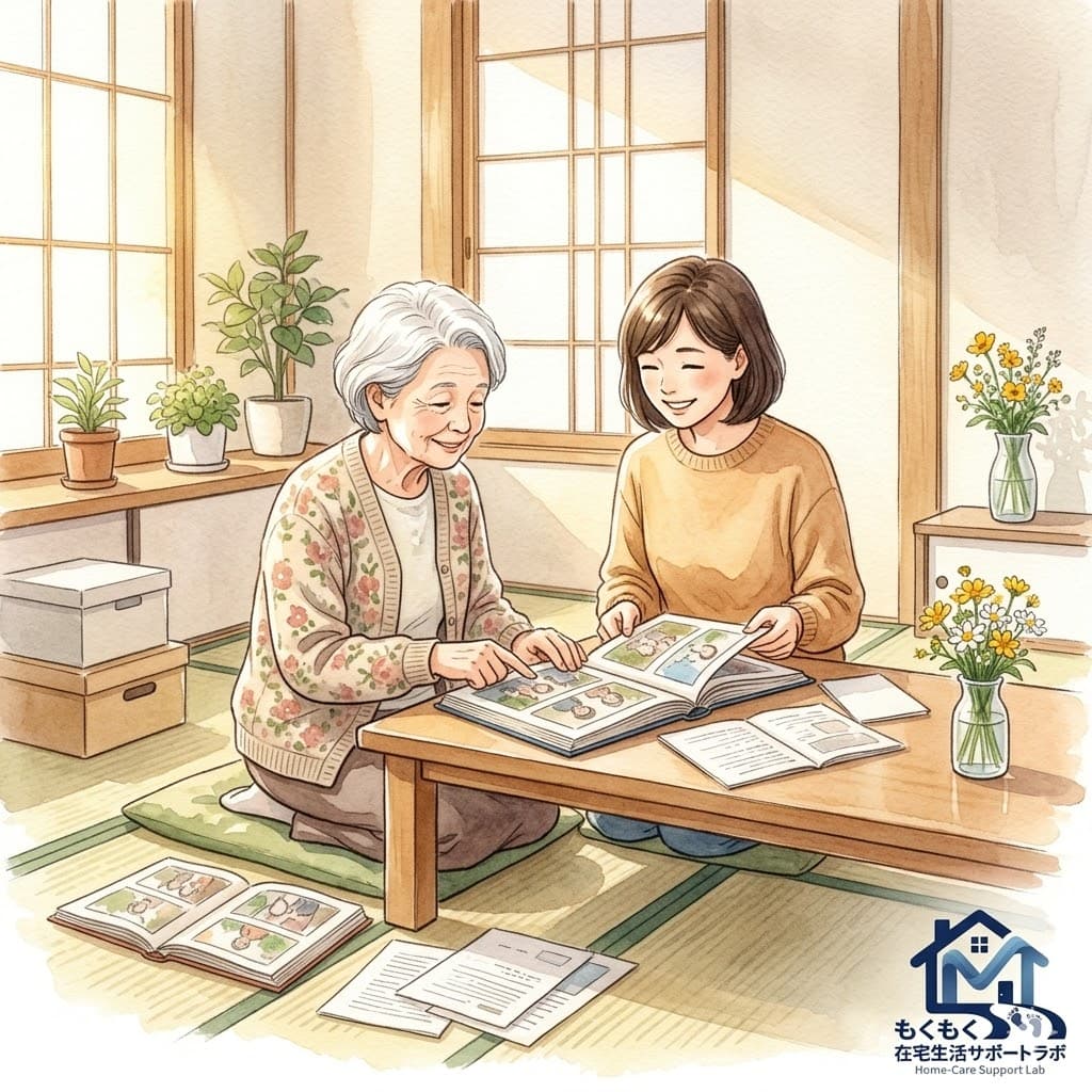 明るい和室で家族と一緒にアルバムや書類を整理する高齢女性のイラスト
