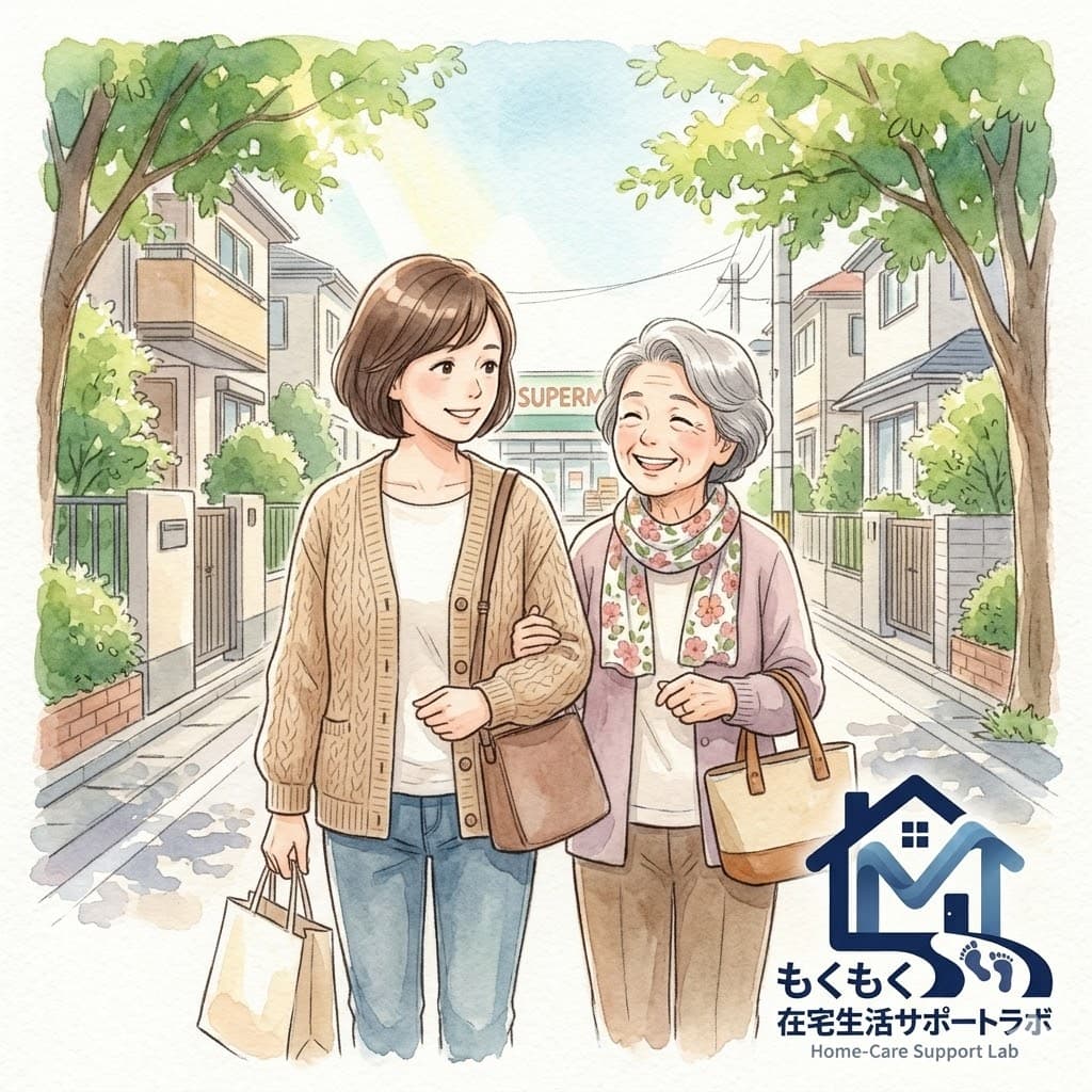 娘と一緒に買い物へ歩く高齢の母親のイラスト
