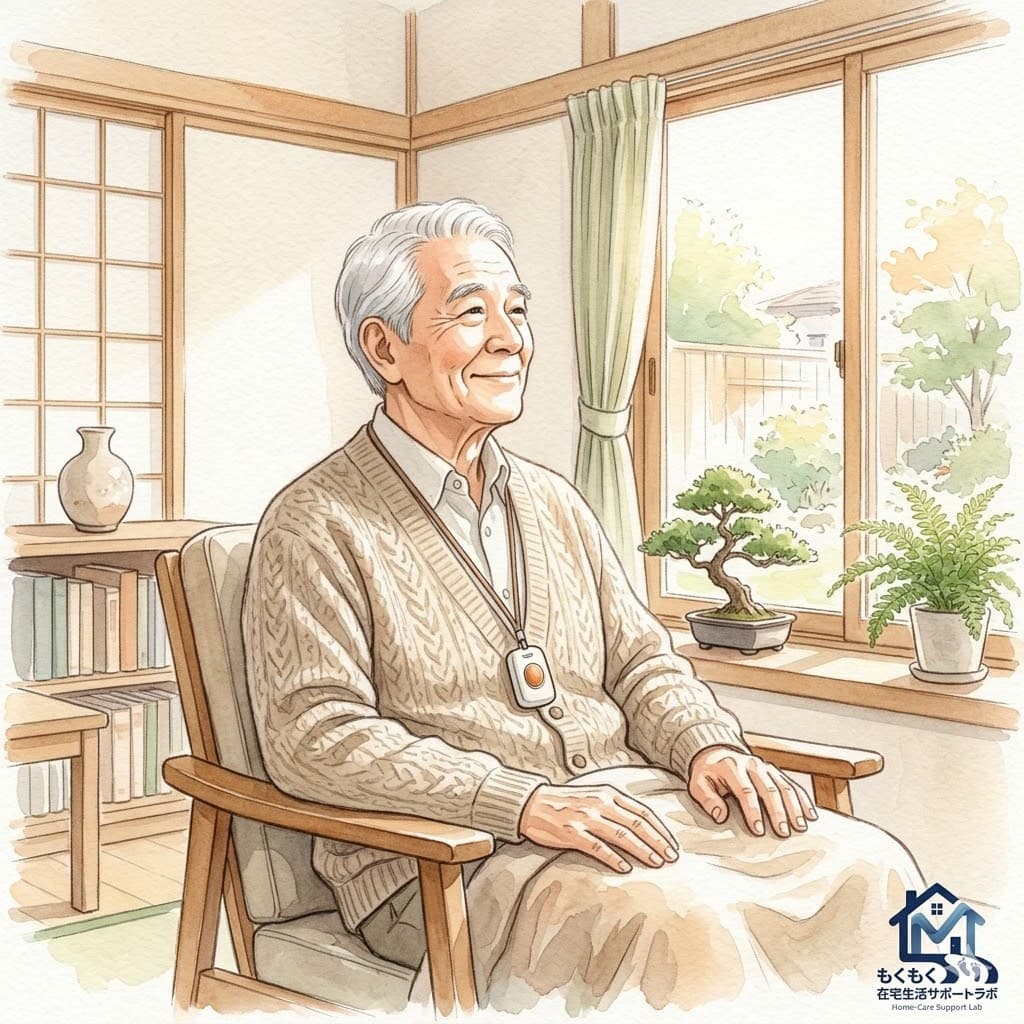 緊急通報ペンダントを首から下げ安心した表情の高齢男性のイラスト
