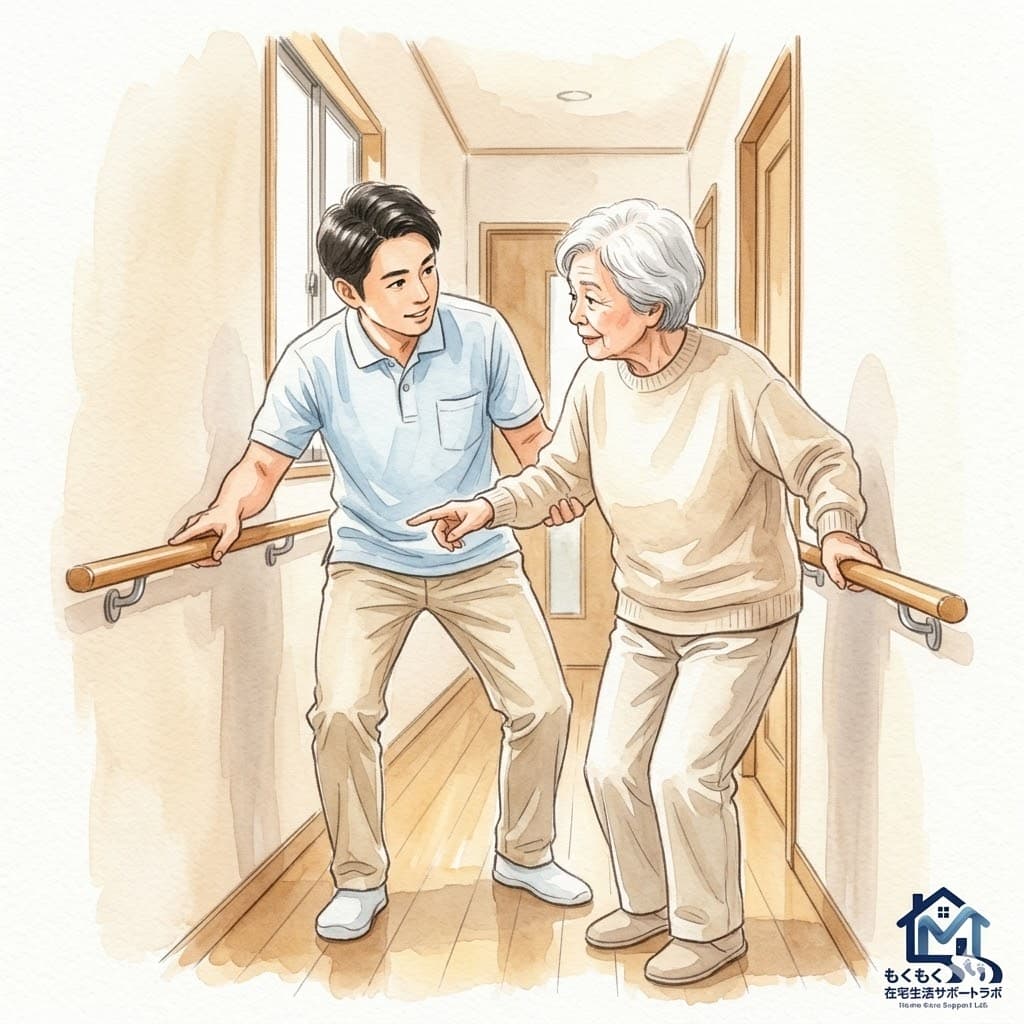 理学療法士が高齢女性と自宅の手すりの位置を確認しているイラスト｜在宅生活サポートラボ
