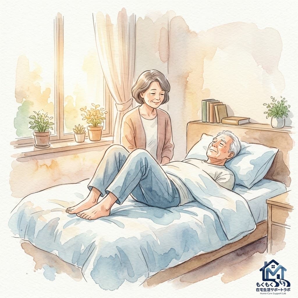 パーキンソン病のある高齢者の朝の起き上がりを介助する家族のイラスト