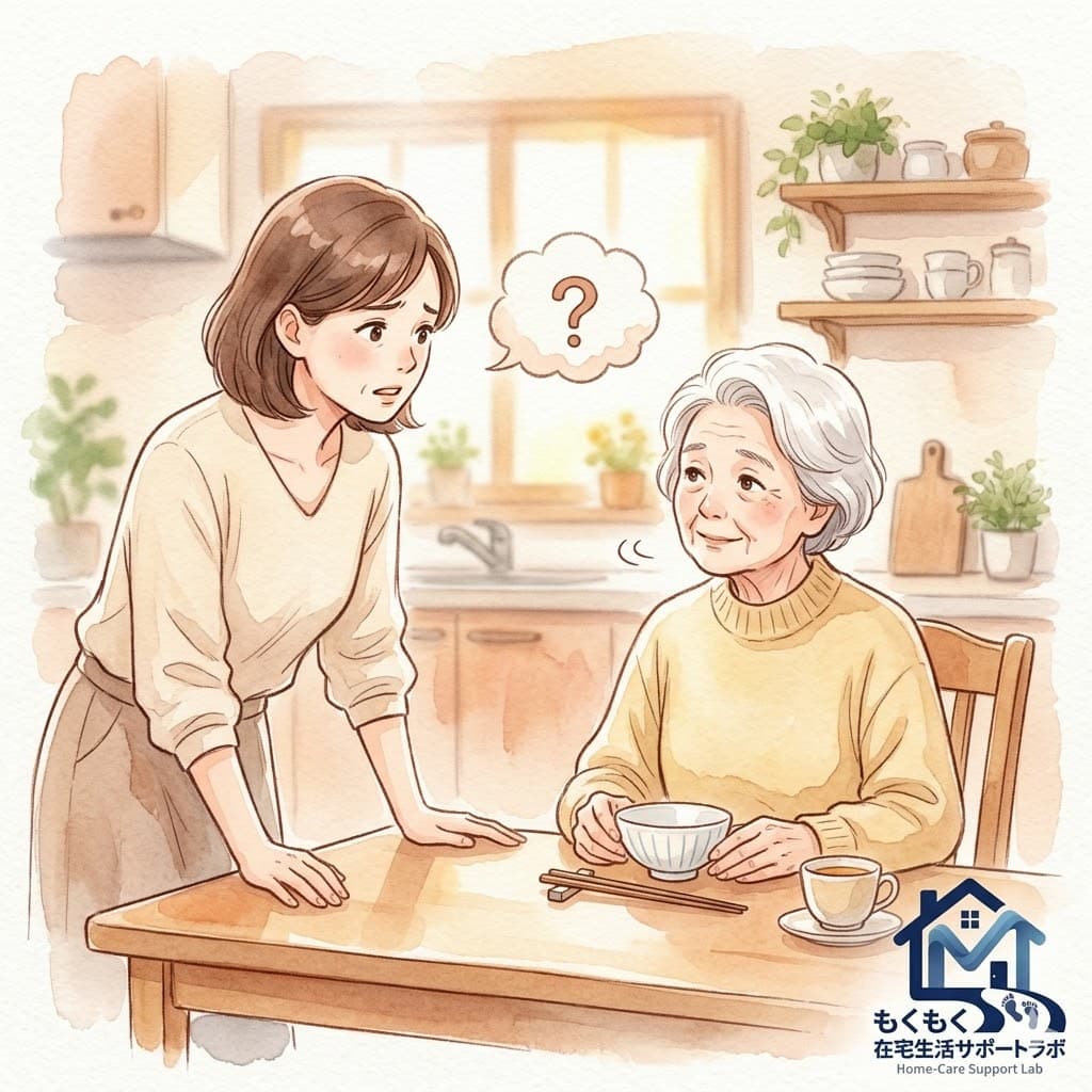 認知症と物忘れの違いを食卓の場面で表現した透明水彩イラスト