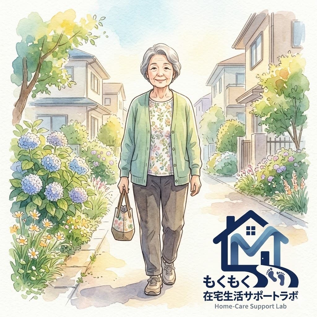 春の公園を散歩する高齢女性の透明水彩イラスト|健康寿命を延ばす3つの習慣セクション