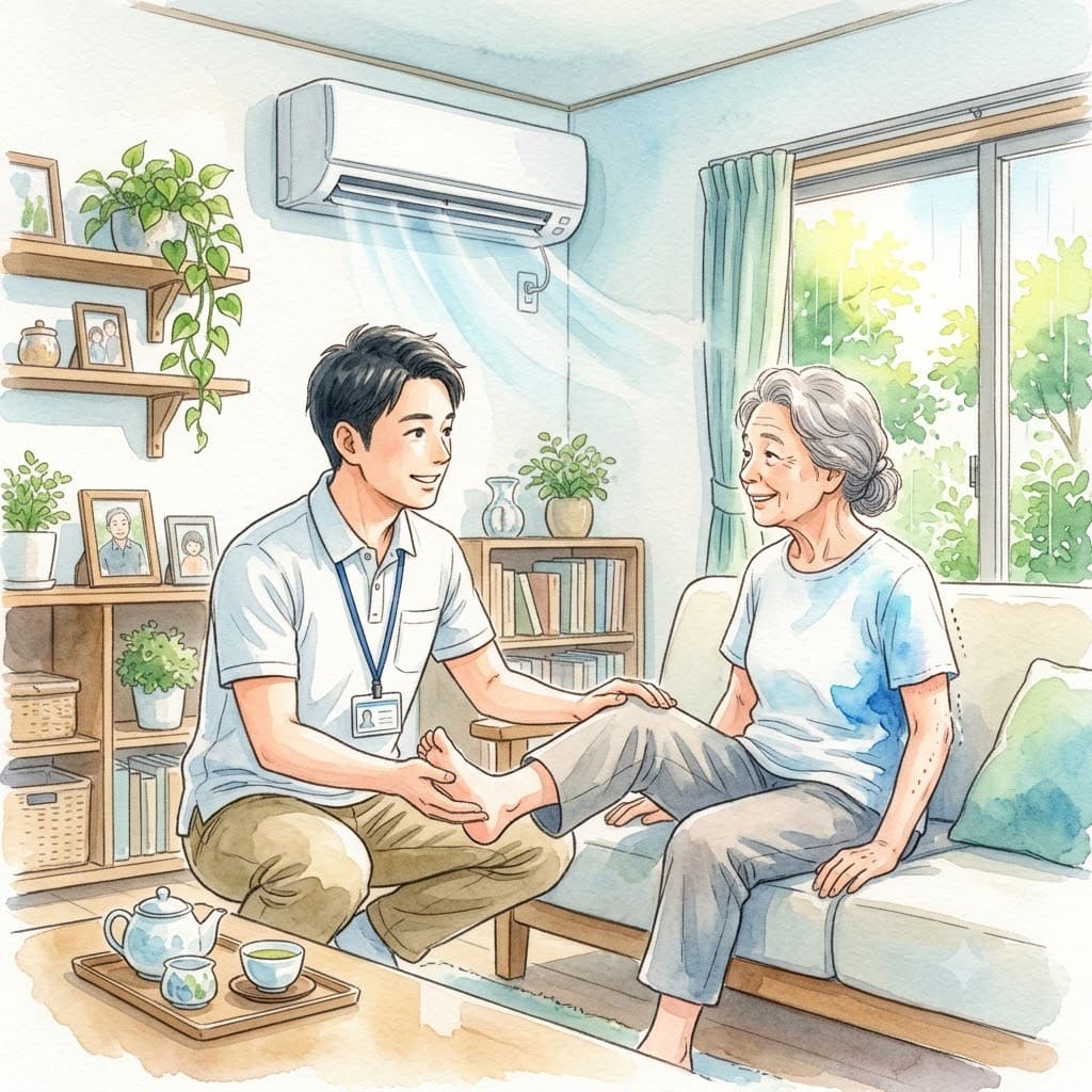 訪問理学療法士が高齢者の部屋で熱中症リスクに気づく場面のイラスト