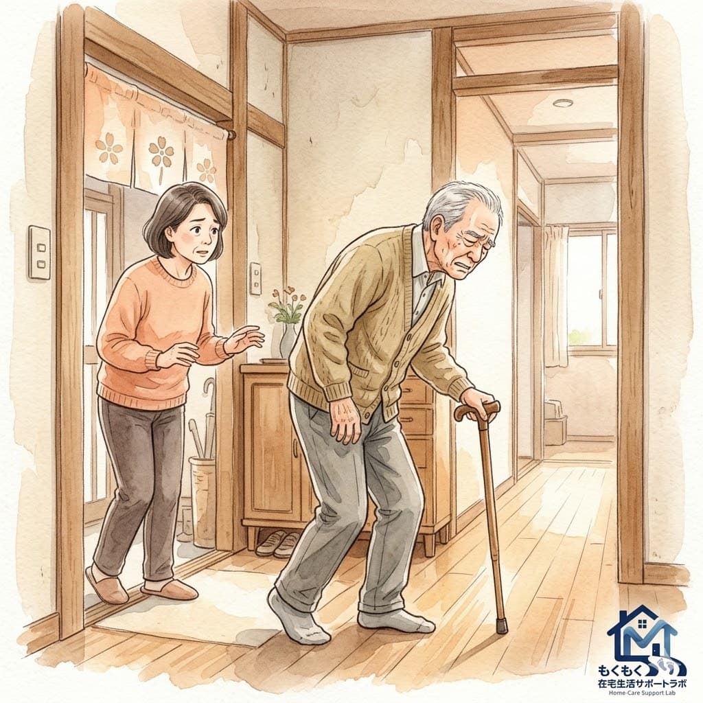 高さの合わない杖で前かがみになる高齢者のイラスト
